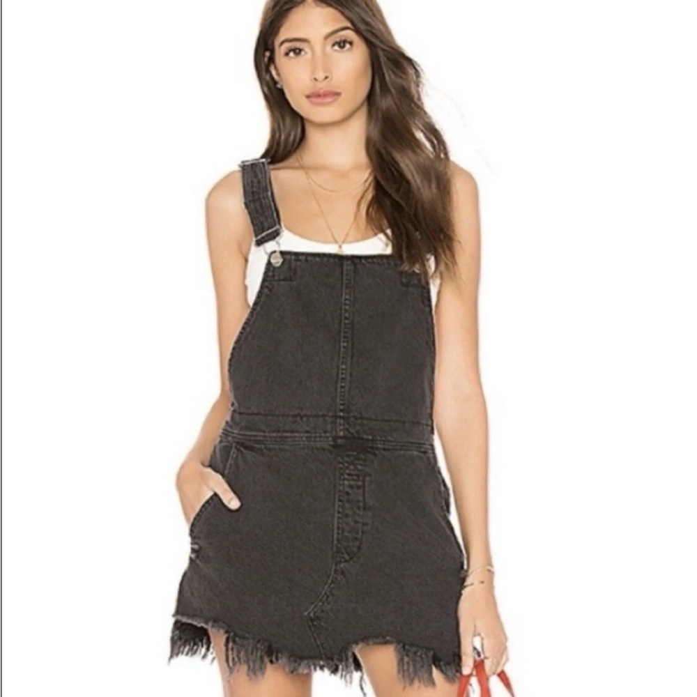Free People Black Denim Skirt all Overall Mini Dress